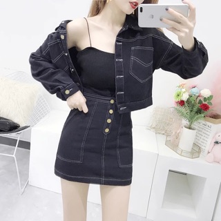 Set áo jacket bò + chân váy siêu xinh