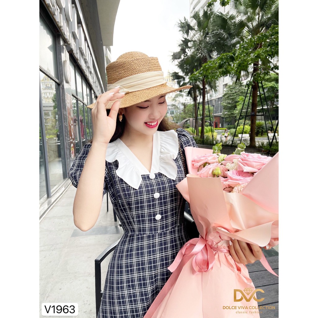 Váy kẻ xòe cổ phối V1963 - Đẹp Shop DVC (Kèm ảnh thật trải sàn do shop tự chụp) | BigBuy360 - bigbuy360.vn