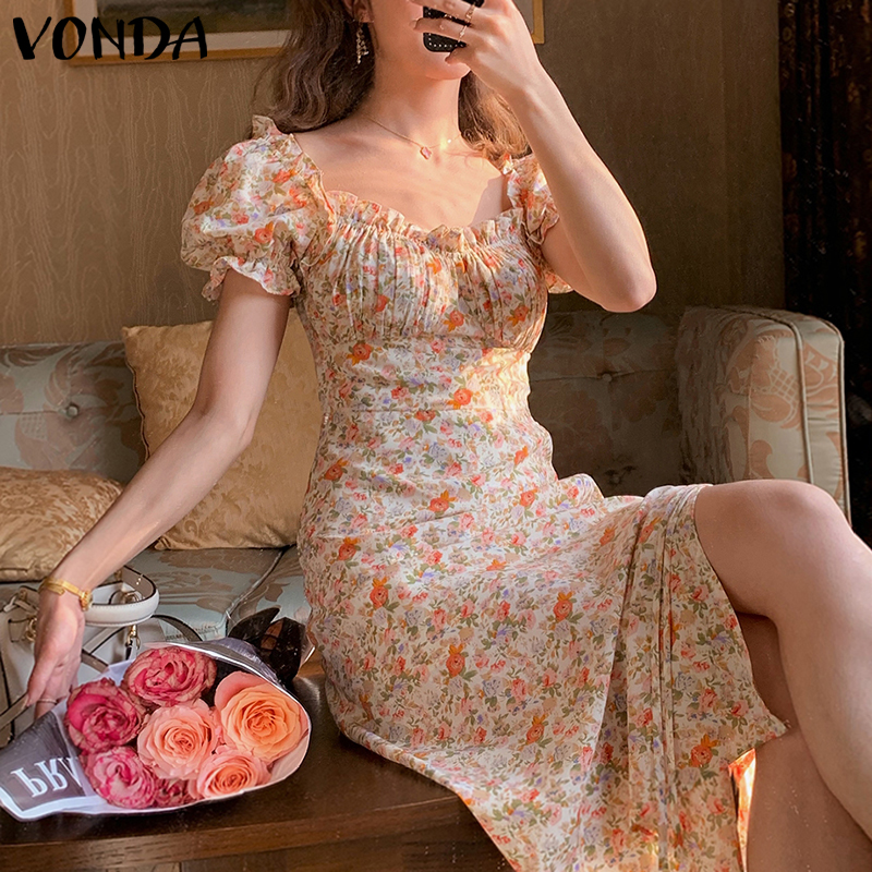  Đầm Tay Ngắn Cổ Vuông VONDA Họa Tiết Hoa Xẻ Tà Phong Cách Hàn Quốc | BigBuy360 - bigbuy360.vn