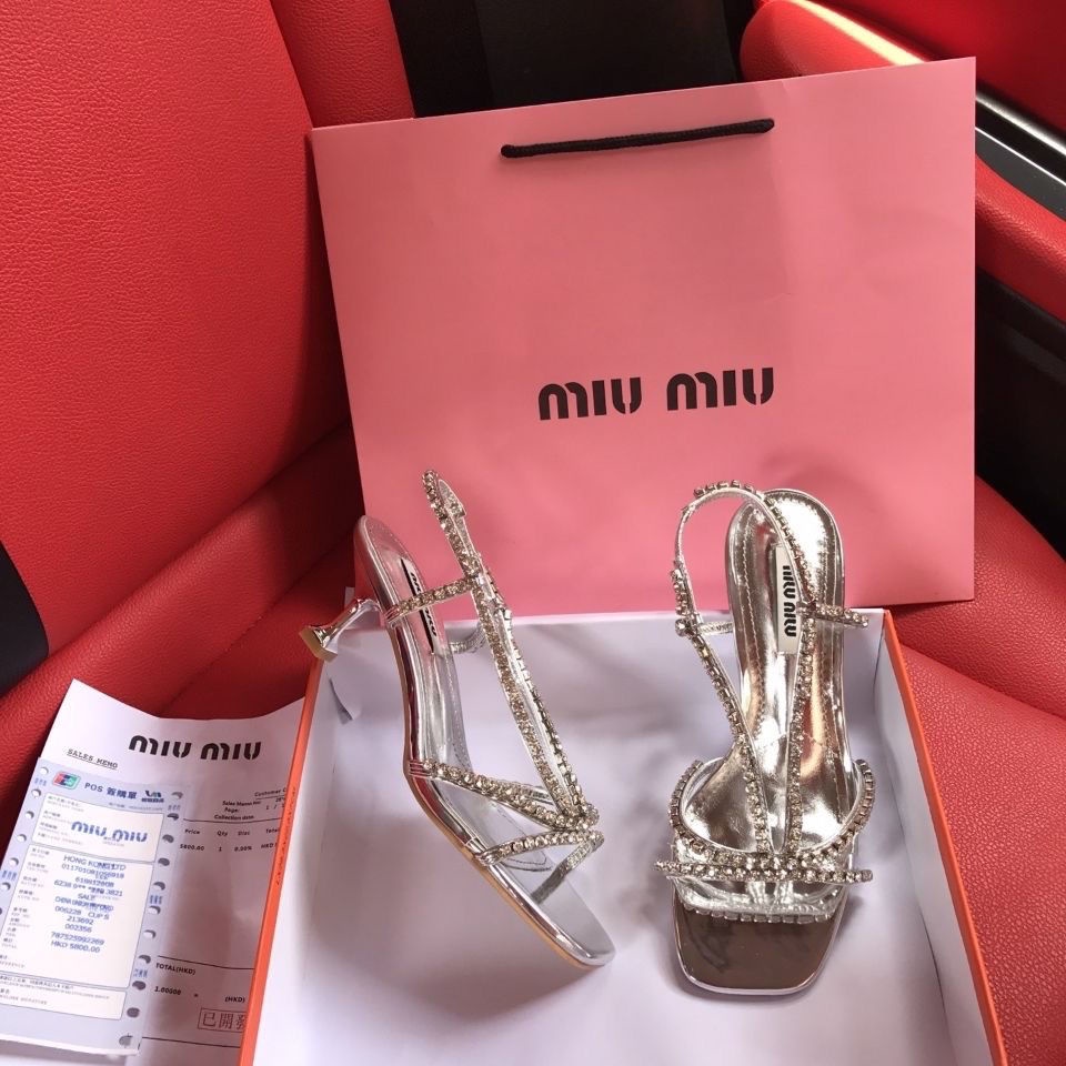 MIU MIU Giày Cao Gót Mũi Nhọn Đính Đá Thời Trang Mùa Hè Dành Cho Nữ