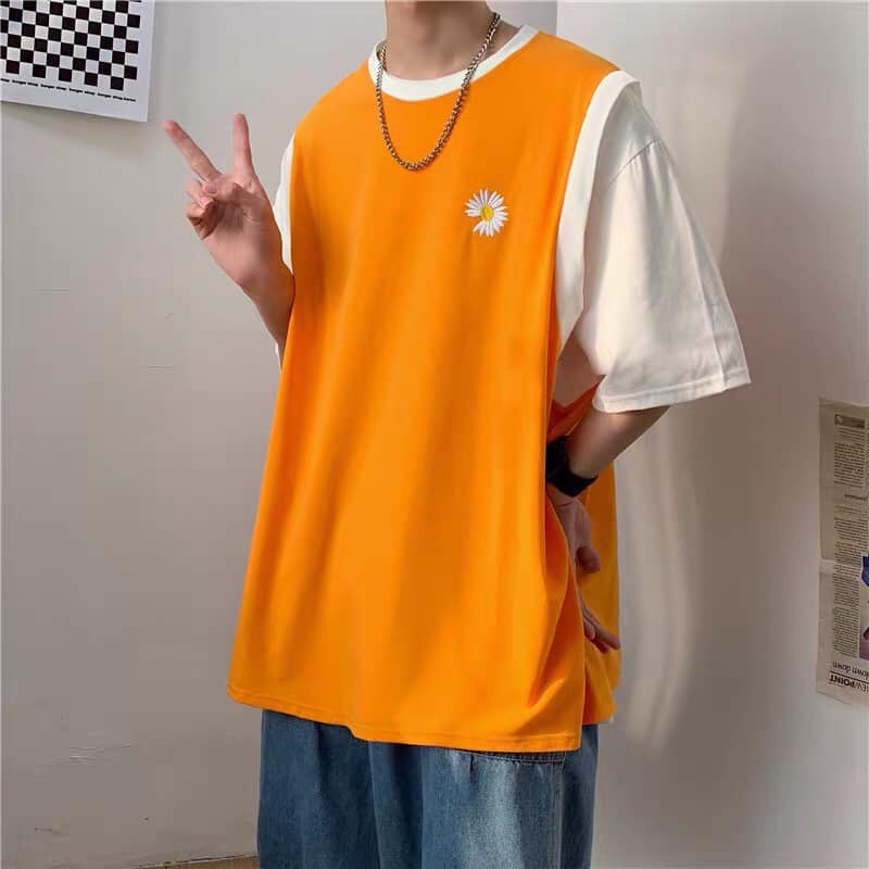 Mốt Mới Hot ❤ Áo Kiểu Raglan Thêu Hoa Cúc Tím Đen Cam Unisex - Áo Gile Phối Hoa Cúc Tay Trắng Form To