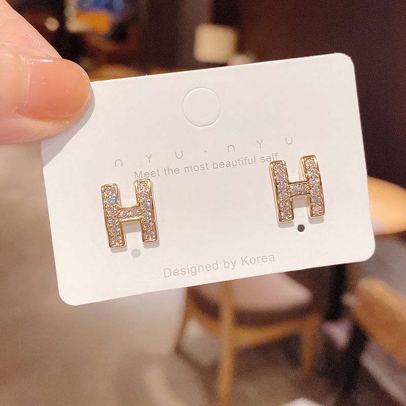 Hàng có sẵn Khuyên tai kim bạc 925 hình chữ H đính đá kim cương đơn giản tinh tế phong cách Hàn Quốc
