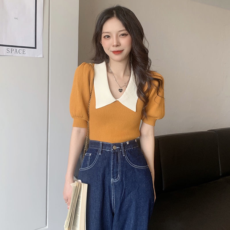 Áo kiểu IELGY dệt kim tay ngắn phồng cổ búp bê ôm dáng vừa vặn thời trang dành cho nữ