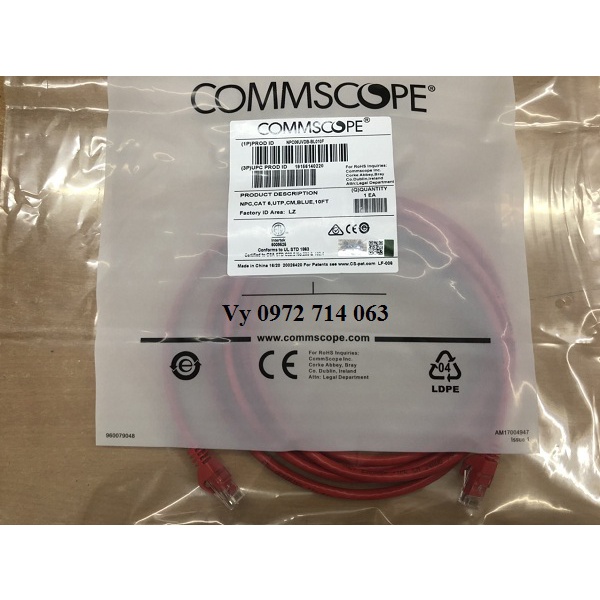Dây nhảy patch cord cat6 AMP Commscope 3M màu đỏ đúc sẵn