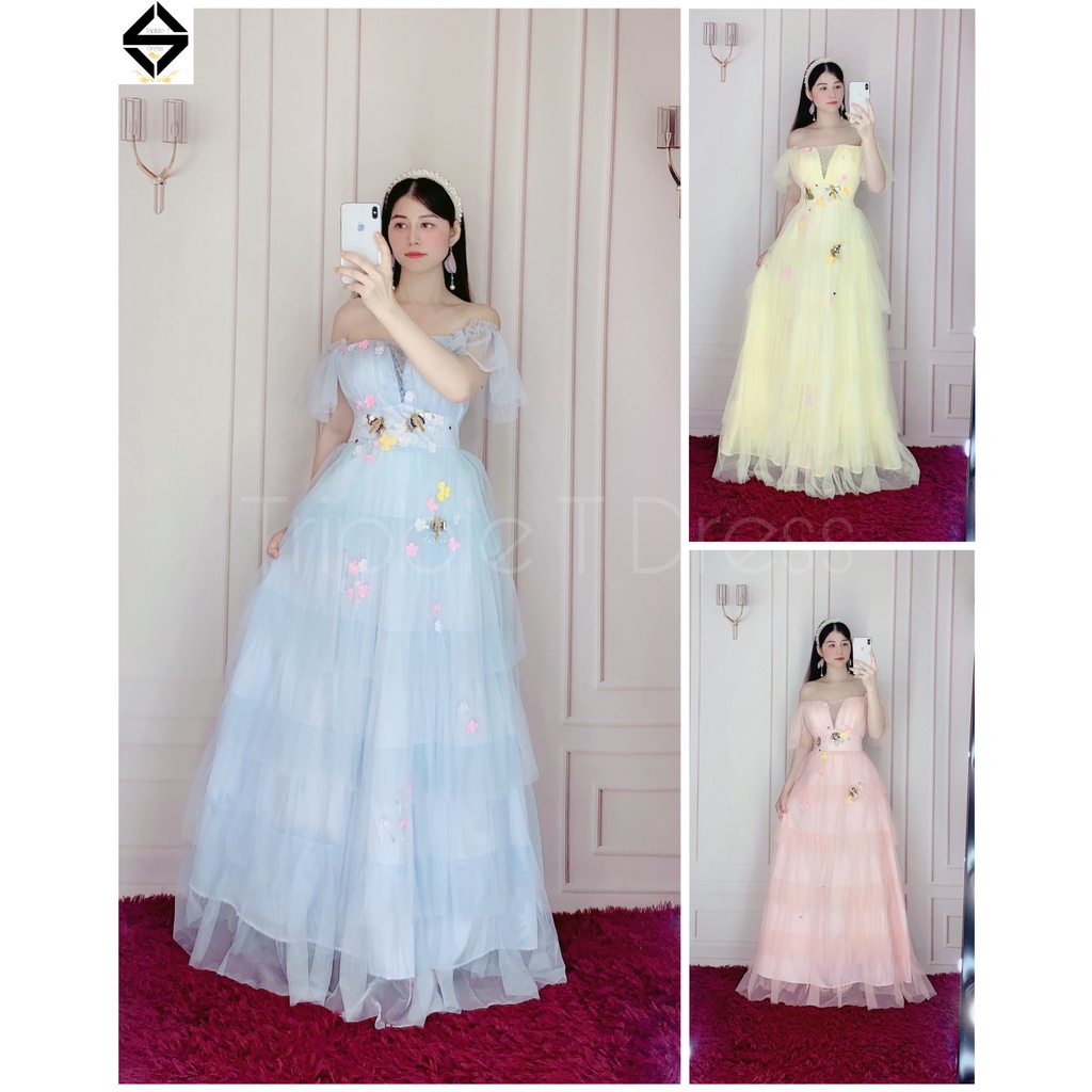 Đầm maxi bẹt vai xếp tầng kết cườm hình bướm TRIPBLE T DRESS - size M/L (ảnh/video thật) - MS312V
