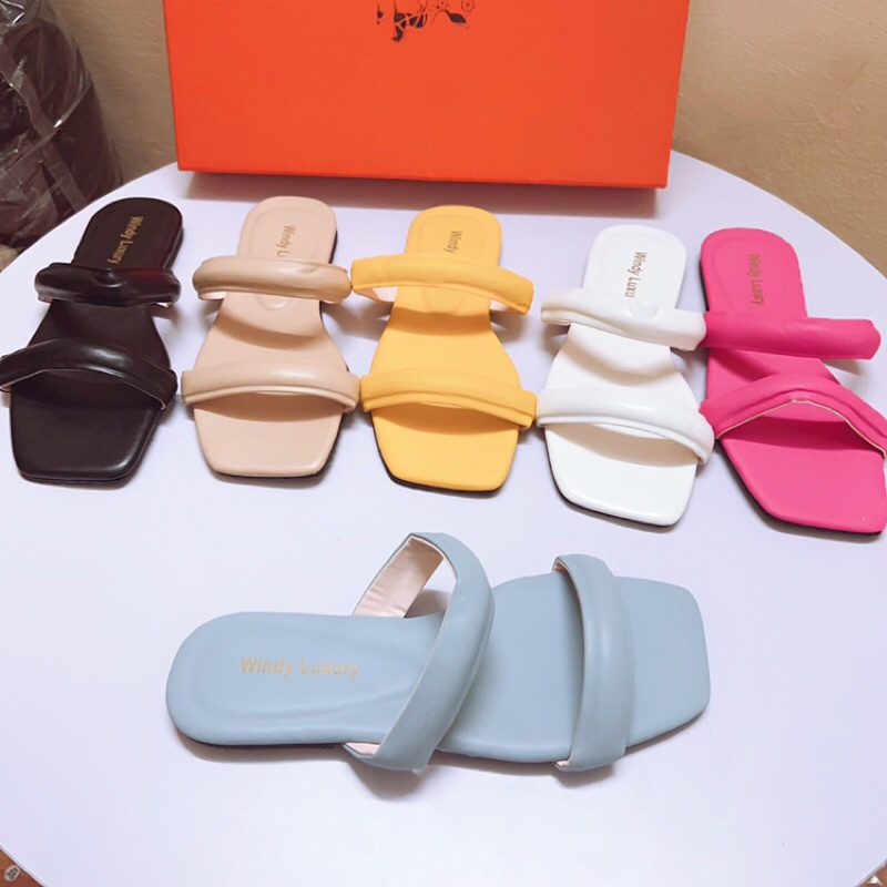 Dép lê nữ đế bệt 2 quai dày phồng da lì hot hit