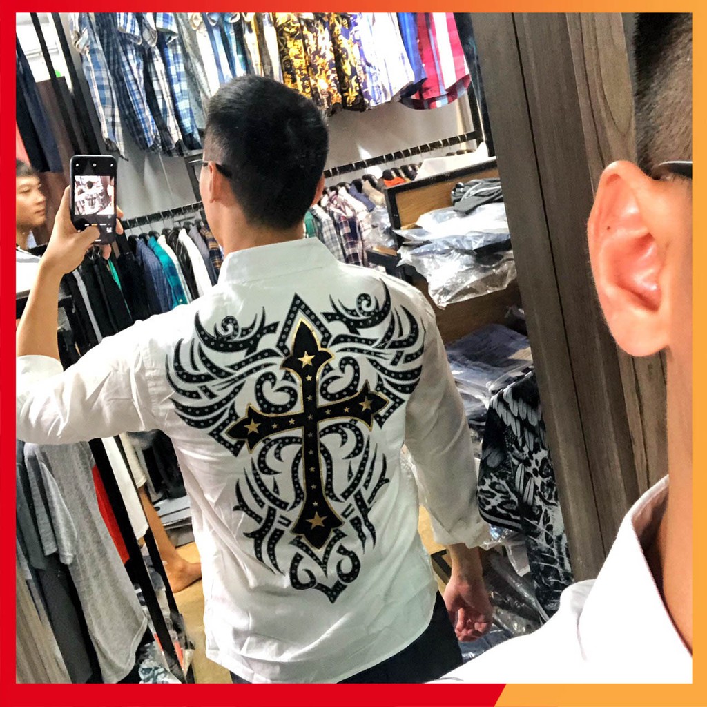 Áo sơ mi nam dài tay đen trắng in hình đại bàng chất cotton lụa form ôm body (sỉ inbox)