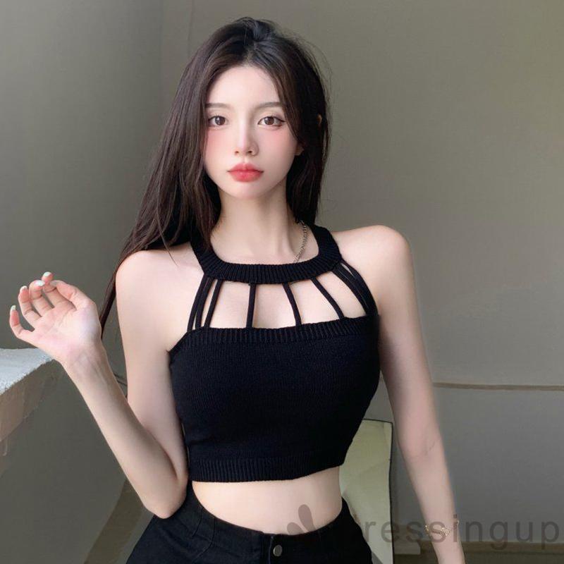 DRE-Women Knit Vest, Sleeveless Crew Neck Hollowed Solid Slim Fit Summer Tops