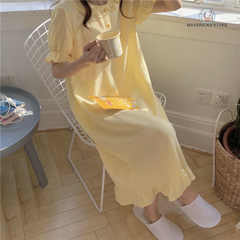 Đầm ngủ tay ngắn cổ búp bê chất liệu cotton phong cách Hàn Quốc thời trang cho nữ