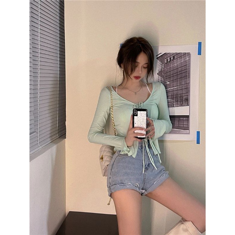 Set áo khoác cardigan phối dây cột và áo bra ren hai dây siêu xinh màu xanh và đen | BigBuy360 - bigbuy360.vn