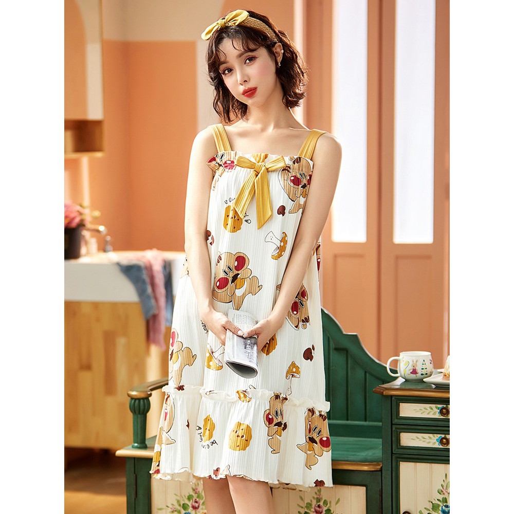 Váy ngủ nữ mùa hè mỏng cotton tăm dây treo lỏng lẻo 2021 bộ đồ ngủ mới mùa hè cotton dễ thương tại nhà | BigBuy360 - bigbuy360.vn