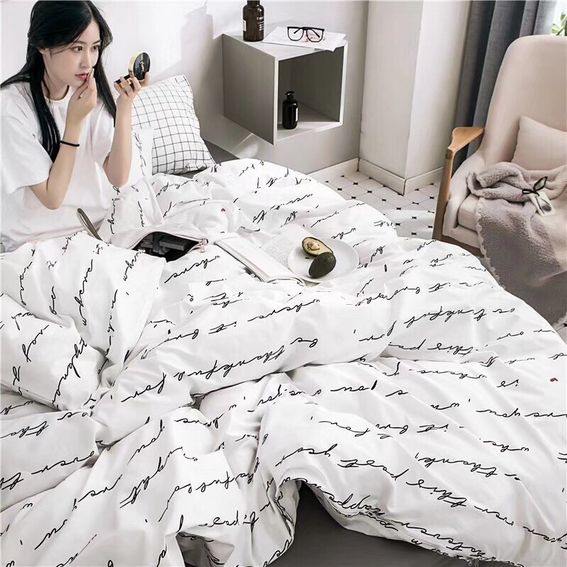 Bộ Chăn Ga Gối Cotton Poly Nhập Khẩu-Chữ Nền Trắng FS