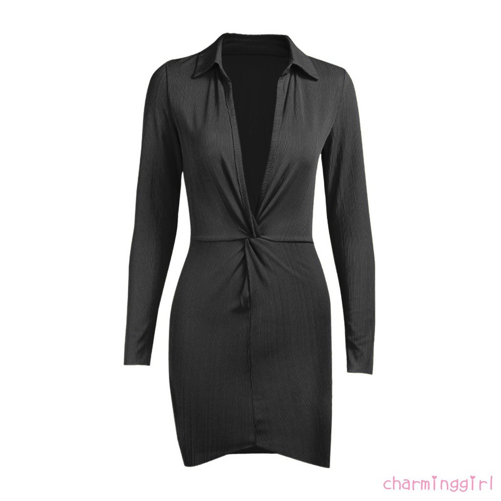 Đầm tay dài cổ chữ v màu trơn dáng ôm thời trang quyến rũ cho nữ