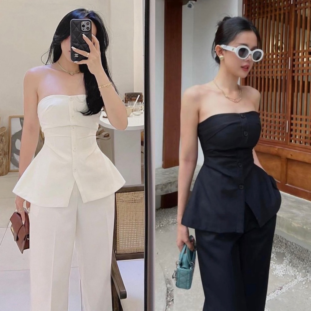 Set áo ống cúp ngực dáng peplum phối nút + Quần tây ống suông (Đen/Trắng)