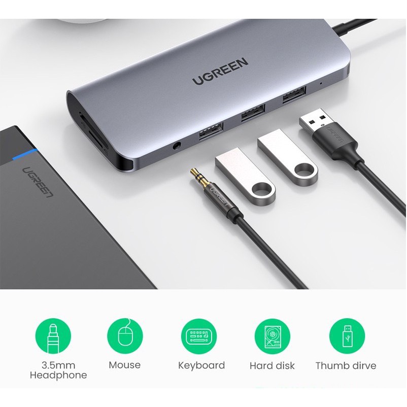 [Mã 155ELSALE giảm 7% đơn 300K] Cáp Chuyển USB Type C 10 in1 HDMI 4K Cao Cấp Ugreen 80133 (Bảo Hành 18 Tháng)