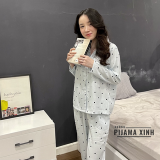 BỘ PIJAMA ĐŨI - Đồ Mặc Nhà Họa Tiết Chấm Bi Chất Mát Mịn