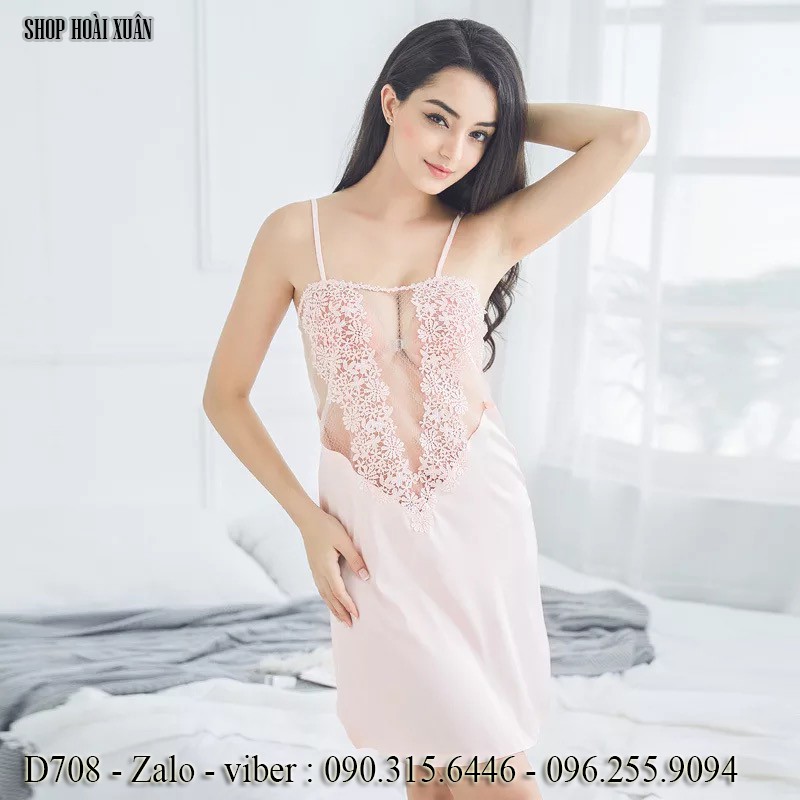 Đầm ngủ thun phi lụa mềm mịn phối ren hàng xuất khẩu cao cấp - D708