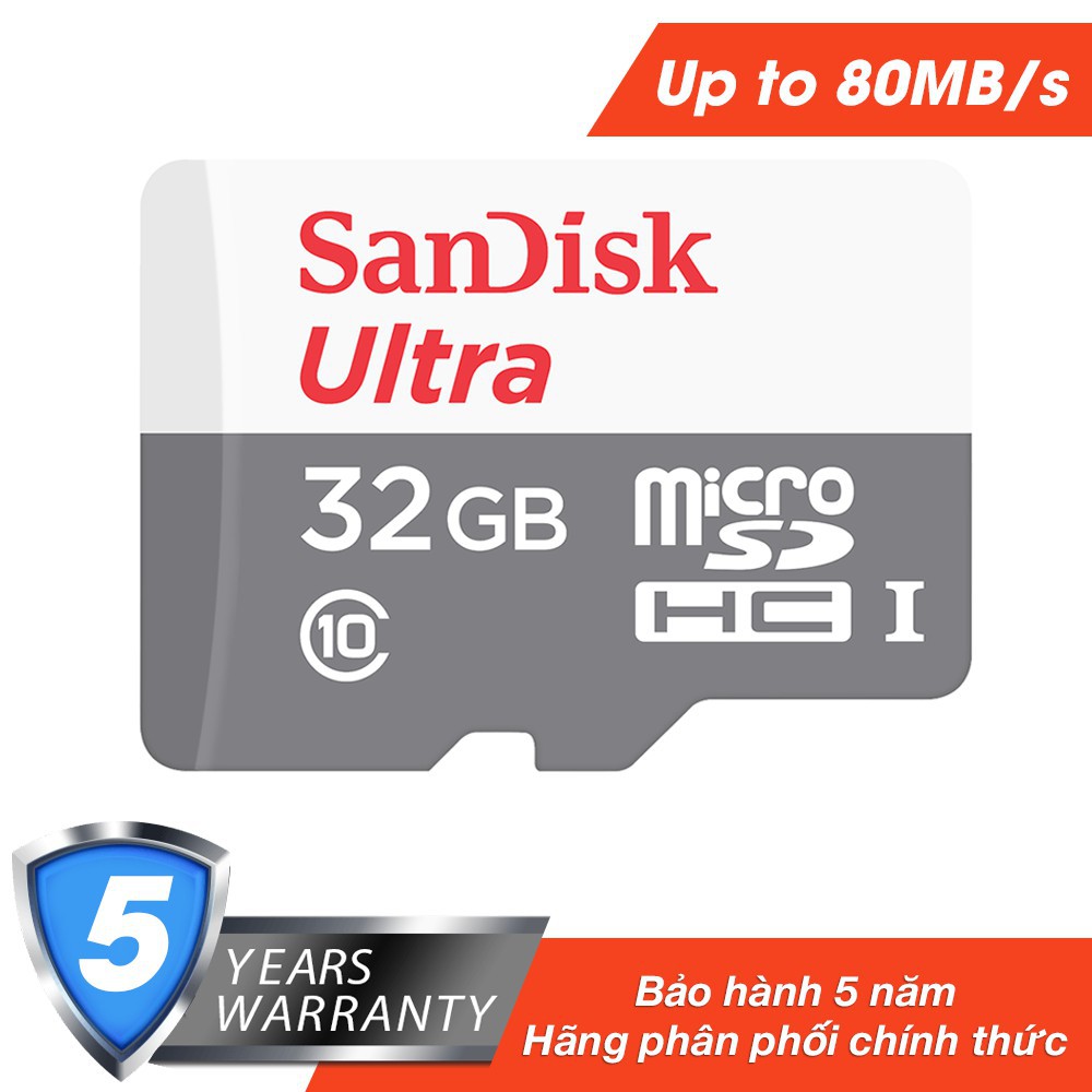 Thẻ nhớ SanDisk Ultra microSDHC, SQUNS 32GB, C10, UHS-I, 80MB/s - Đại lý chính hãng