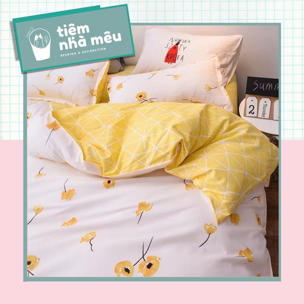 Set 4 Món Chăn Ga Gối Cotton Hoạ Tiết Hoa Vàng Ga Vàng Nhập Khẩu Sang Trọng