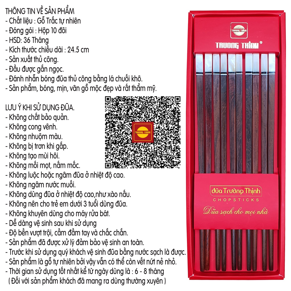 Đũa Gỗ Trắc Cao Cấp TRƯỜNG THỊNH Đầu Gắn Ngọc Màu Trắng - Hộp Màu Đỏ - 10 Đôi Vuông.