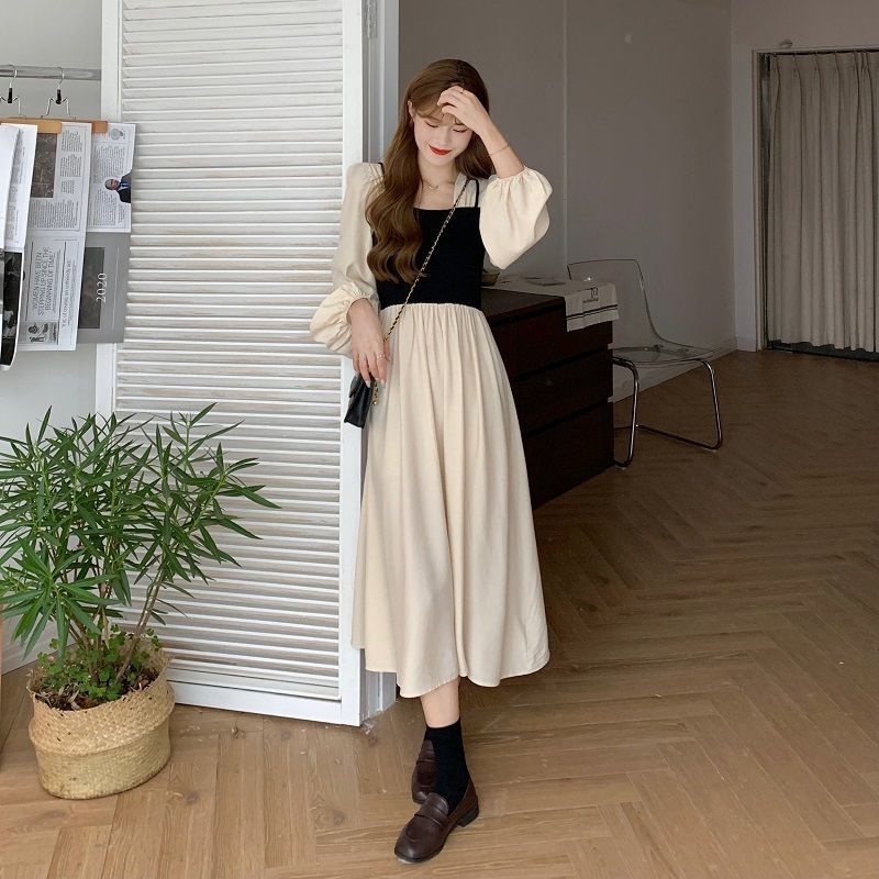 Đầm ZHELIHANGFEI giả hai mảnh cổ vuông tay phồng dáng ôm eo thời trang cho nữ