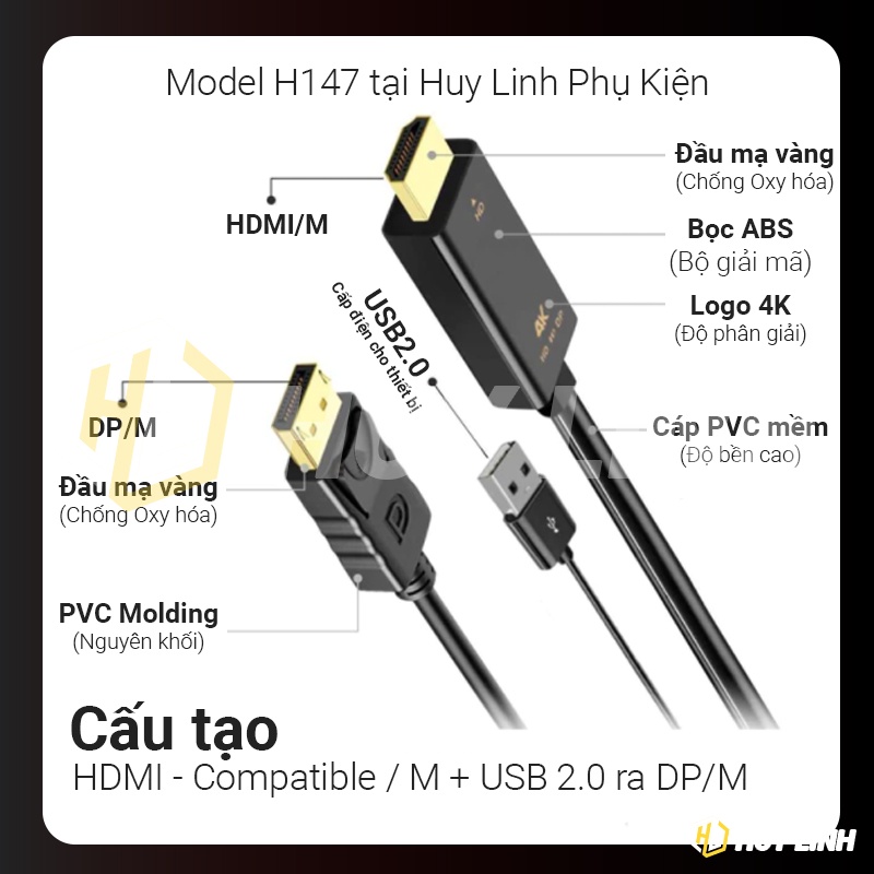 Cáp chuyển đổi tín hiệu từ HDMI to Displayport 1.8M hỗ trợ 4K60HZ H147