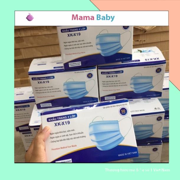 Khẩu trang y tế 4 lớp XK-X19 màu trắng ghi xanh hộp 50c Mamababy