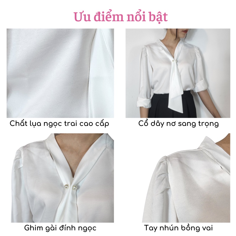 Áo sơ mi công sở nữ lụa trắng đẹp form rộng cổ V dây nơ gài ngọc kiểu sang trọng có BIGSIZE đi làm đi chơi đi học ASM04