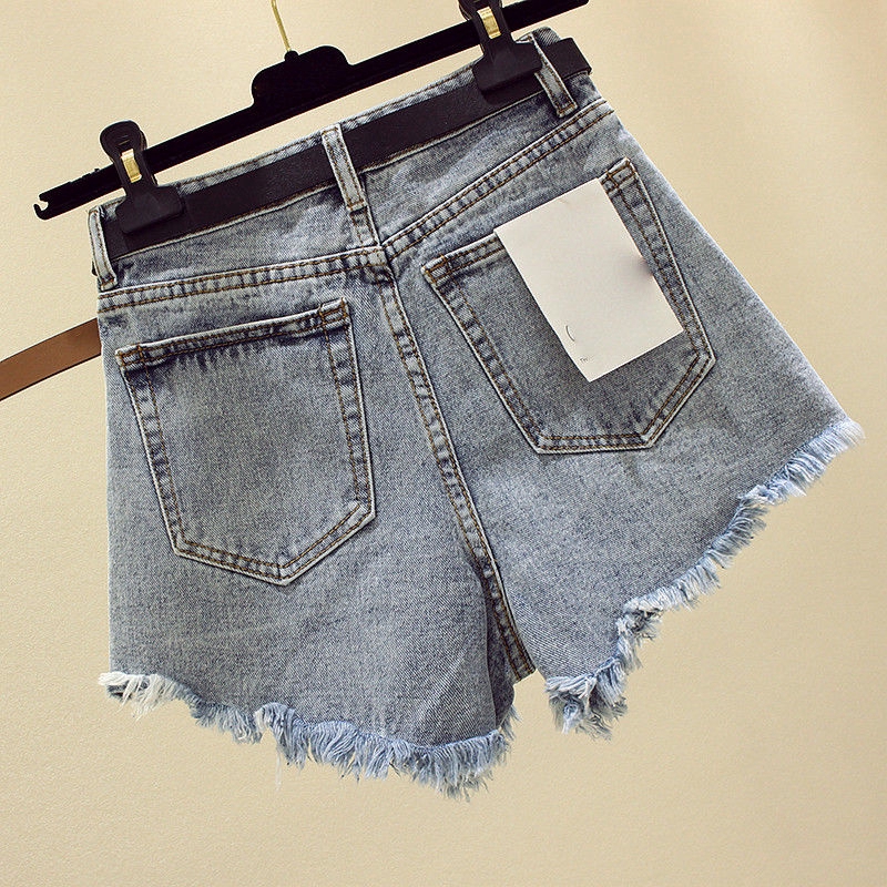 Quần short denim SUXI lưng cao ống rộng phối rách cá tính phong cách Hàn Quốc
