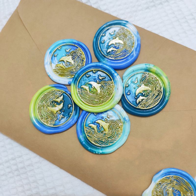 THIỆP dấu sáp hàng thiết kế BIỂN XANH kèm phong thư Kraft kiểu Vintage làm quà tặng, thư mời cá heo xanh dễ thương