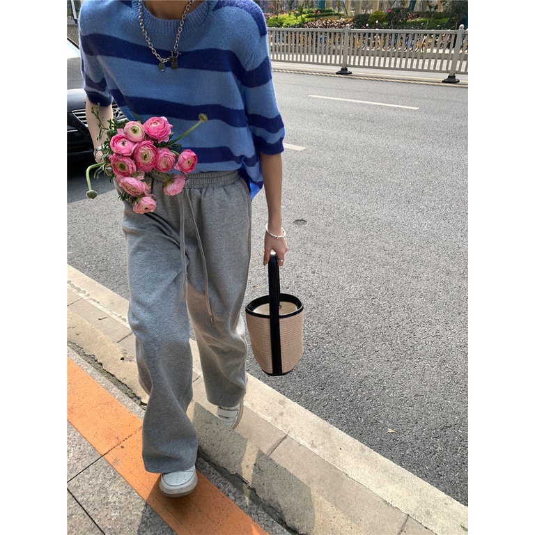 Áo Thun Len Mỏng Tay Ngắn Dáng Rộng Thoáng Khí Họa Tiết Kẻ Sọc Hàng Mới Cho Nữ