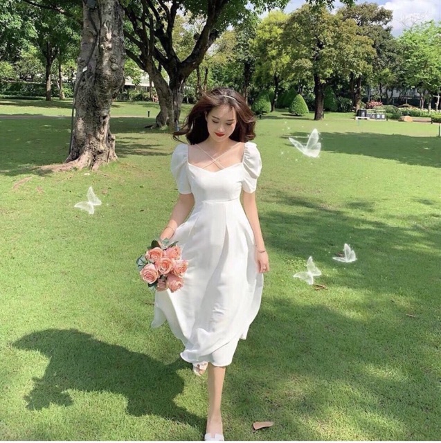 ĐẦM MAXI 2 DÂY CHÉO MÀU TRẮNG - T162