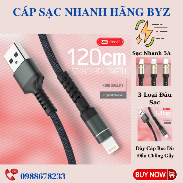Cáp Sạc Nhanh 5A Bọc Dù Siêu Bền Đầu Chống Gẫy Dùng Cho Các Loại Điện Thoại Bảo Hành 12 Tháng