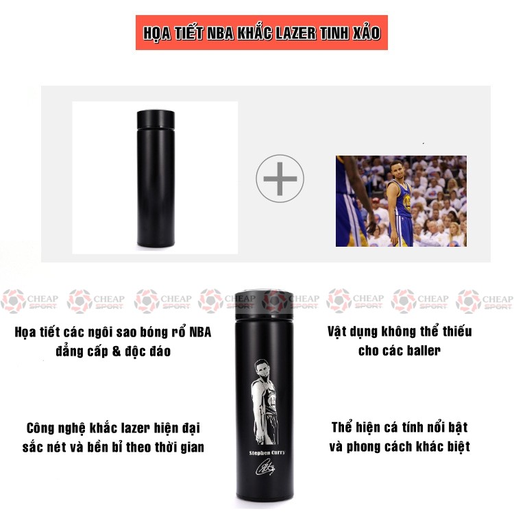 Bình Giữ Nhiệt Bóng Rổ NBA 3.0 Bình Đựng Nước 500ml Inox 304 Logo Kobe James Kyrie Harden Curry