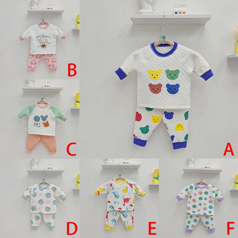 Bộ đồ ngủ 2 món tay dài ba lớp cotton giữ ấm in họa tiết hoạt hình cho bé trai bé gái