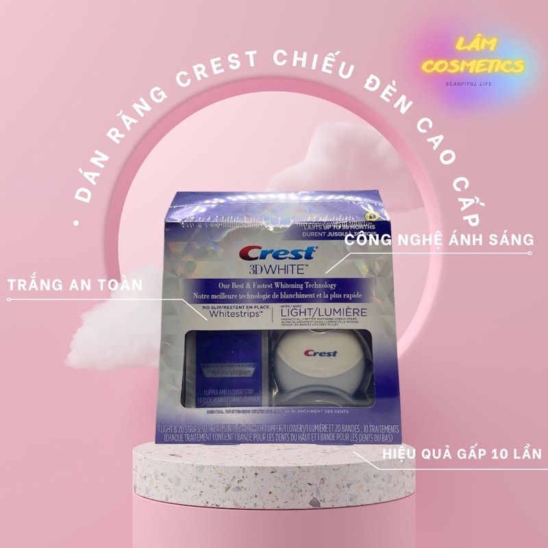 Miếng dán kèm máy chiếu làm trắng răng Crest 3D White 20 Whitestrips &amp; 1 Light