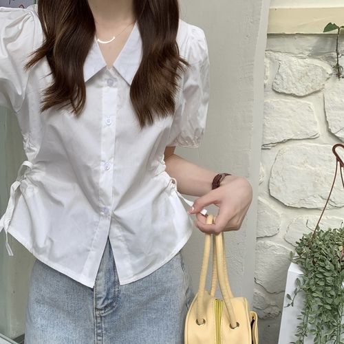 Áo Sơ Mi Tay Ngắn Dáng Ôm Phối Dây Buộc Thời Trang Mùa Hè Phong Cách Pháp Mới Cho Nữ