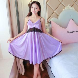 Đầm ngủ lụa phối ren cổ V gợi cảm cho nữ