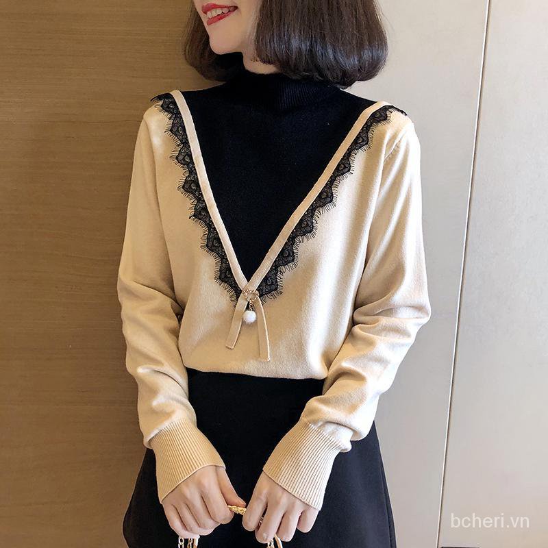 áo len cao cổ nữ thu đông đan sợi cổ giả hai lớp sơ mi điệu đà dễ phối đồ | BigBuy360 - bigbuy360.vn