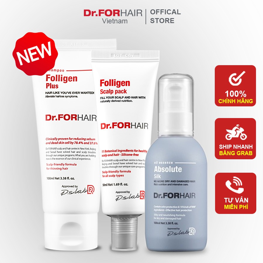 Bộ gội, xả dưỡng mini chăm sóc tóc MƯỢT MÀ, ÓNG Ả của Dr.FORHAIR Follien Plus x Scalp Pack x Oil Essence
