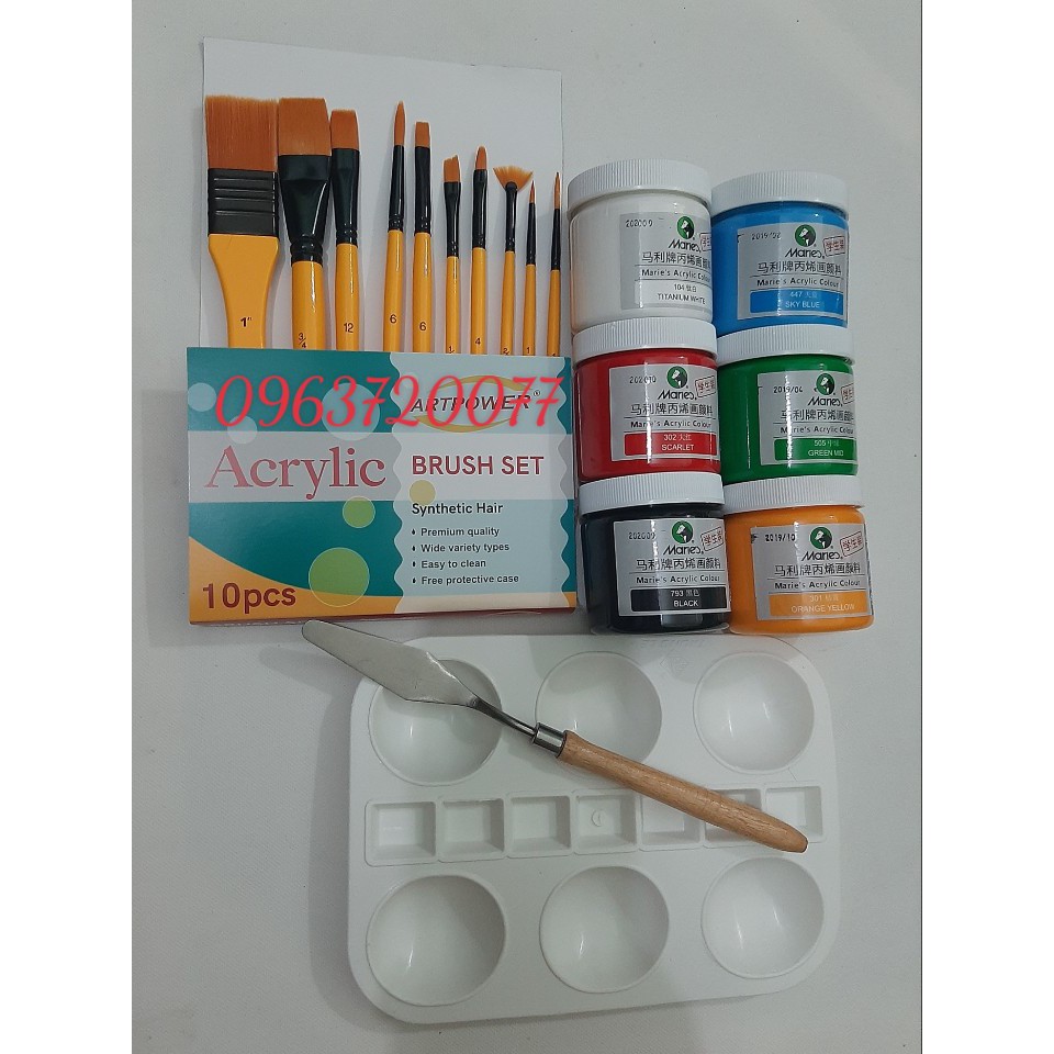 Combo màu acrylic + bay vẽ + cọ vẽ + palet ( cho người học vẽ)