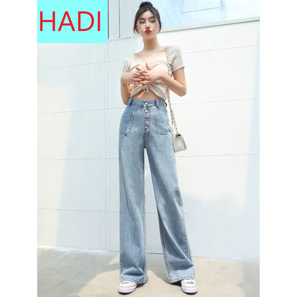 QUẦN JEAN ỐNG RỘNG NỮ LƯNG CAO MÀU XANH NHẠT 4 NÚT 2 TÚI TRƯỚC XÉO LAI CUỐN SIÊU CAO CẤP ĐÁNH BAY TẤT CẢ