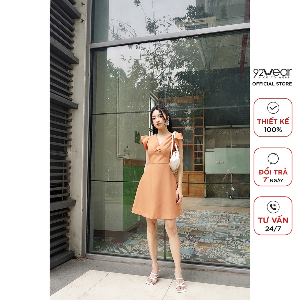 Đầm váy nữ công sở 92WEAR 3 MÀU, đủ size, dáng xòe cổ V tay bèo DEW1041