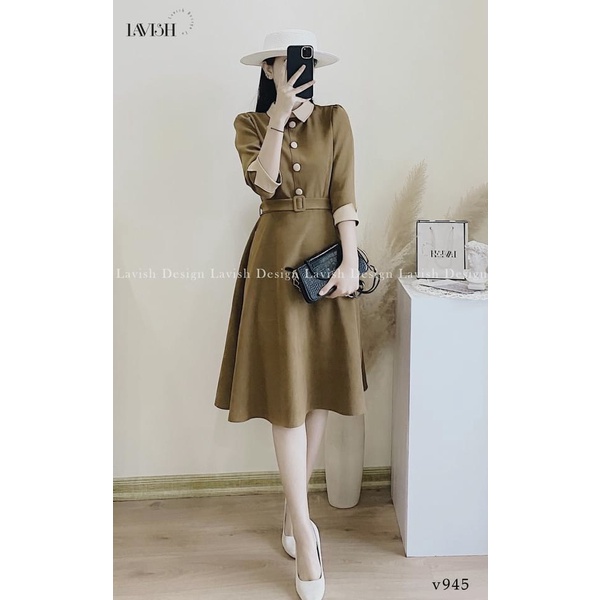✨BÁN SỈ✨Đầm xanh mù tạt viền cổ kèm belt