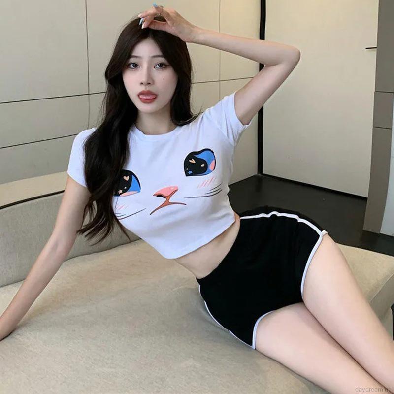 1 Bộ Áo Thun Ôm + Quần Short Thể Thao Lưng Cao Phong Cách Hàn Quốc Cho Nữ