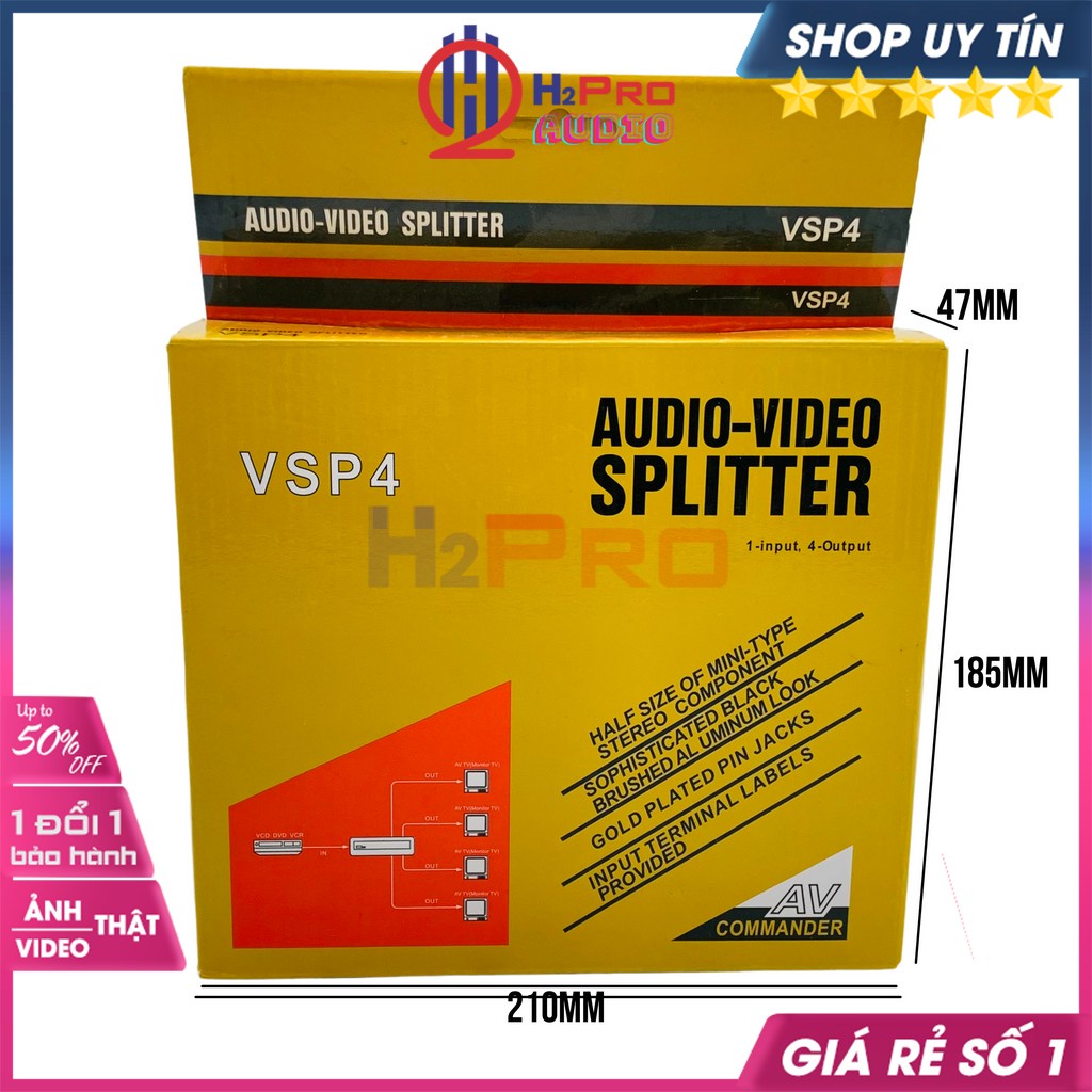 Bộ Chia Av 1 Ra 4 Vsp4, Bộ Chia Tín Hiệu Av (Video &amp; Audio) 1 Ra 4 Cao Cấp, Âm Thanh Đầu Ra Không Thay Đổi-H2Pro Audio