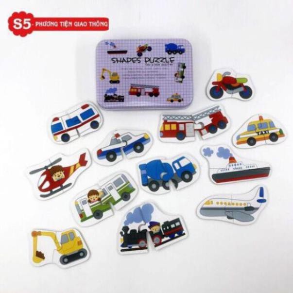 Đồ chơi xếp hình gỗ Puzzle 2 mảnh hộp thiếc cao cấp cho bé tập ghép