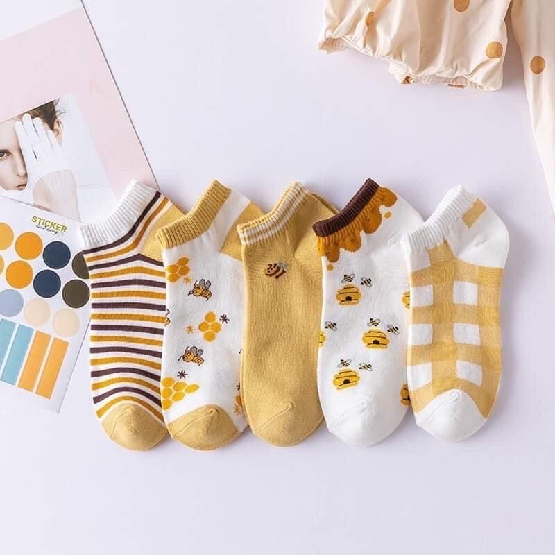Tất vớ nữ cotton cổ ngắn thời trang hoạ tiết hình ong vàng dễ thương
