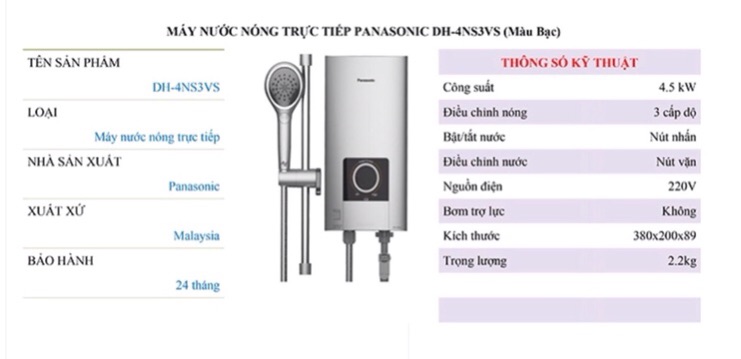Máy nước nóng Panasonic DH-4NP1VS có bơm, TẮt mở bằng 1 nút nhấn