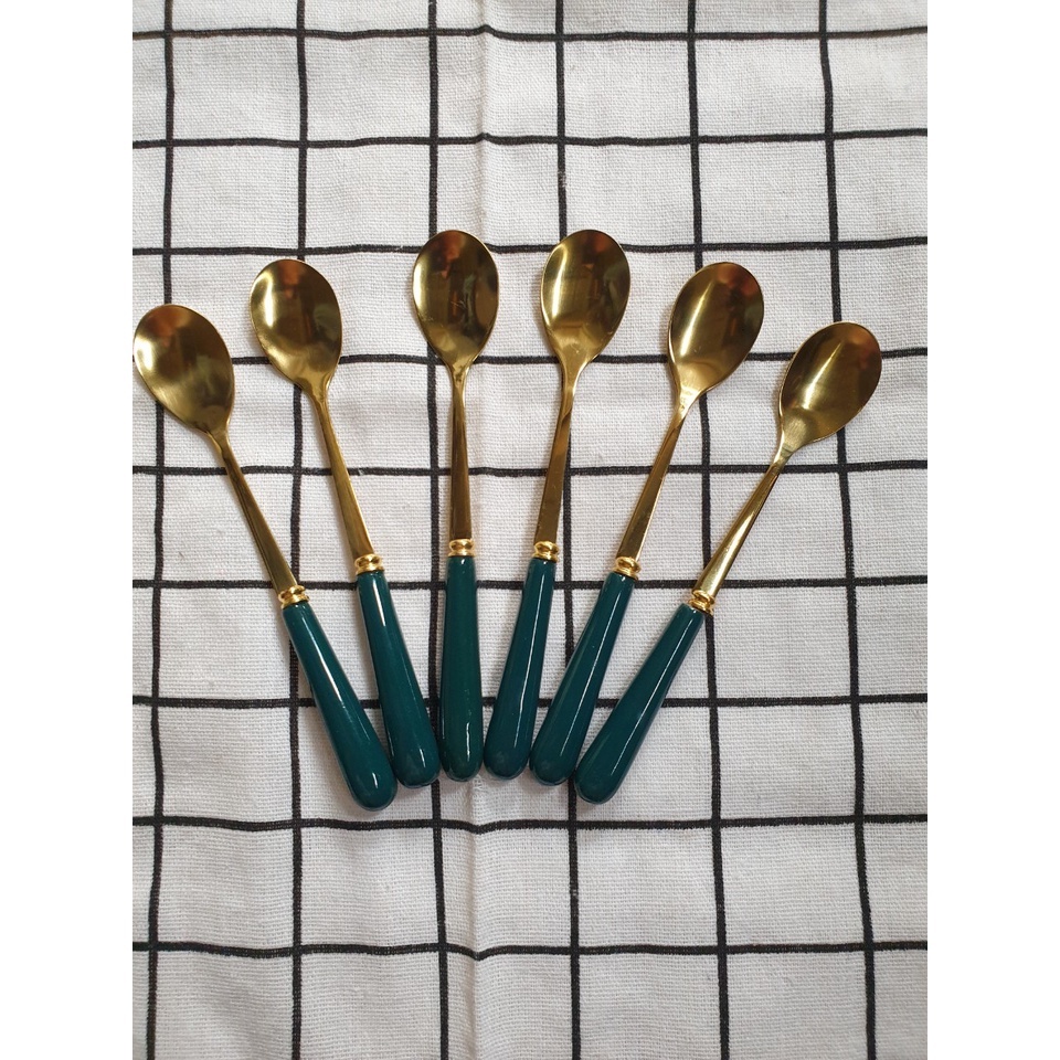 Bộ 4c Thìa Cafe Inox Mạ Vàng, Cán Sứ Kiểu Cách Châu Âu KT: 15x2.5cm (ảnh thật)